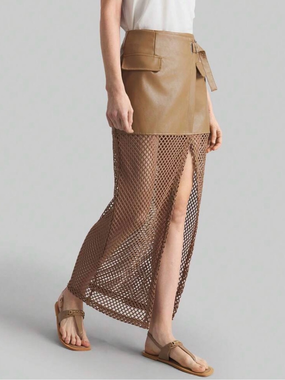Faux Leather Mini Skirt with Mesh Maxi Overlay - Tan